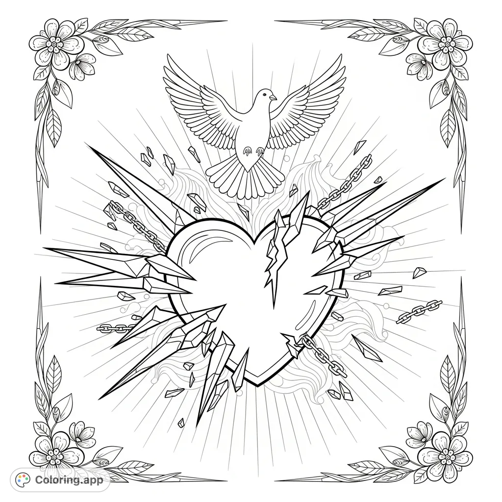 Explore the profound message that love overcomes adversity in this symbolic coloring page. Featuring a central heart motif with elements of peace and resilience.