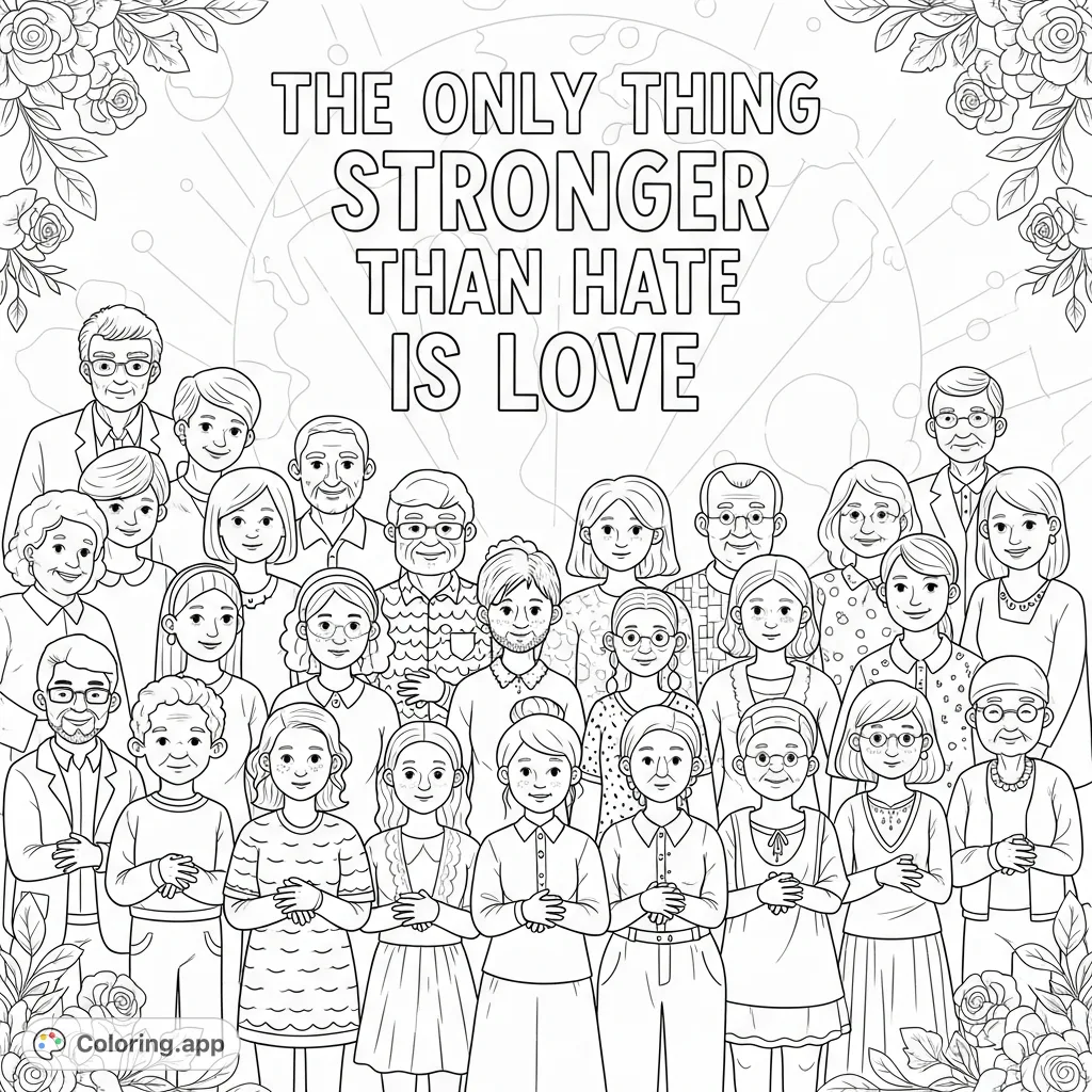 A powerful unity coloring page featuring diverse individuals holding hands under the inspiring quote, "The only thing stronger than hate is love."