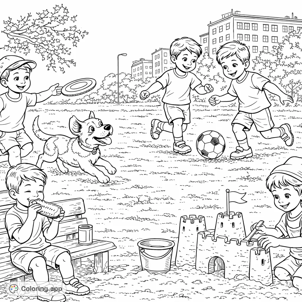 A vibrant park scene bustling with children playing soccer, building sandcastles, and enjoying a snack with their playful dog. Perfect for creative fun!