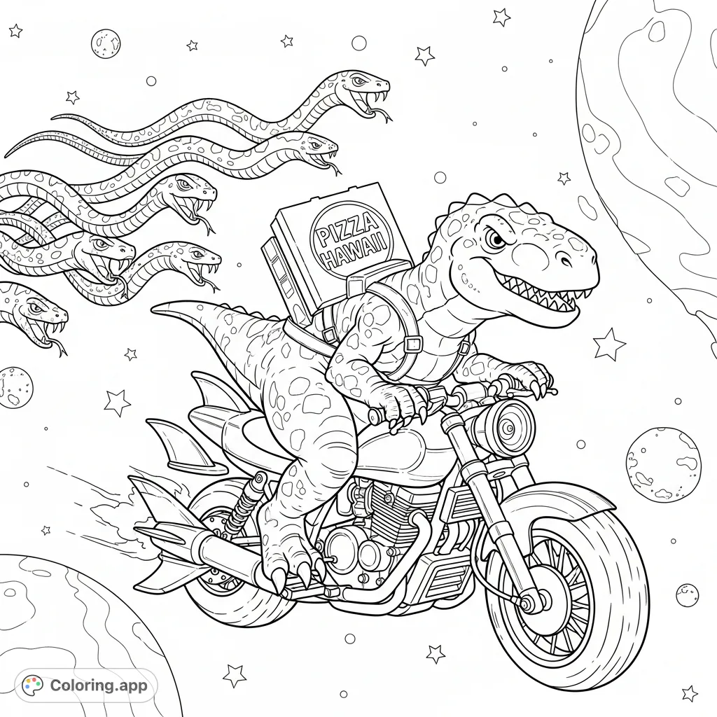 An action-packed dinosaur pizza coloring page! See a dino on a rocket moto-bike delivering "PIZZA HAWAII" through space, chased by alien snakes.