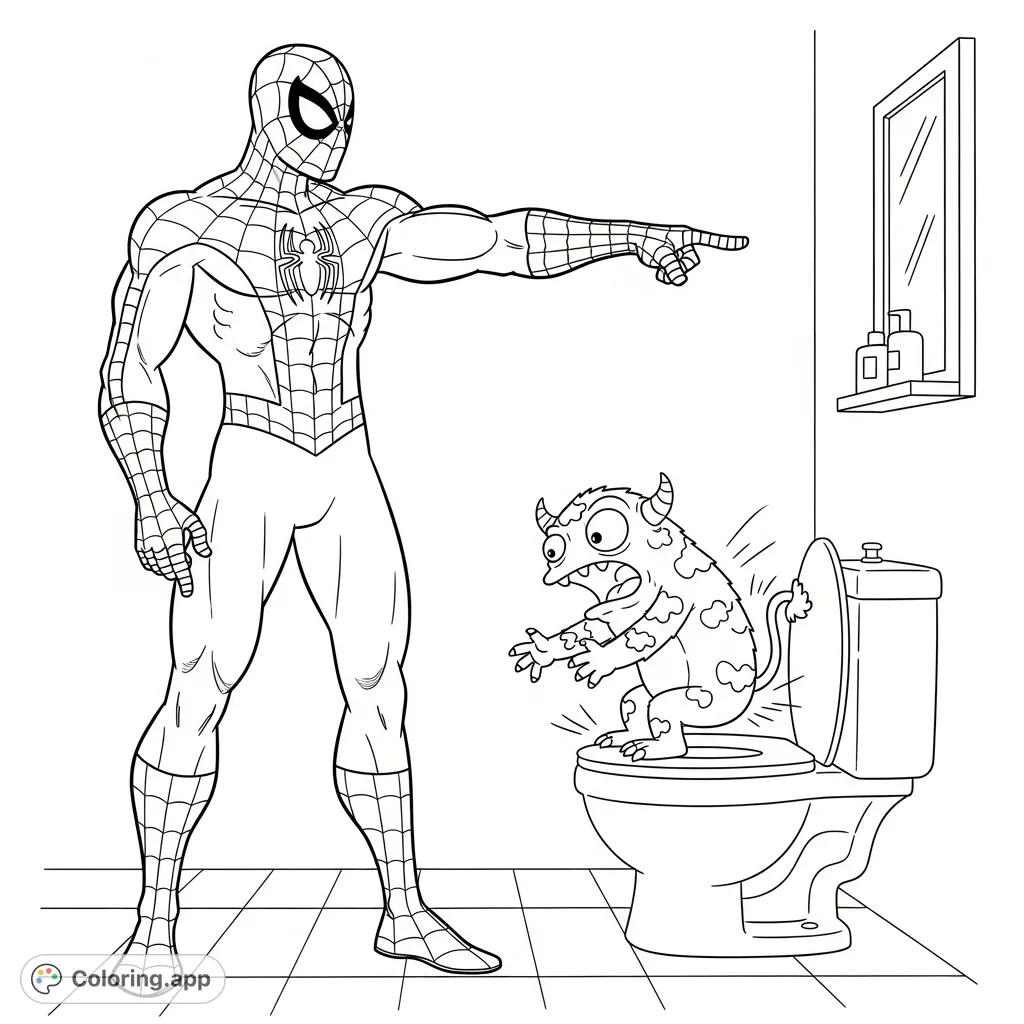 A fun Spider-Man coloring page with a muscular hero pointing at a comical little monster on a toilet. Perfect for superhero fans and potty trainers!