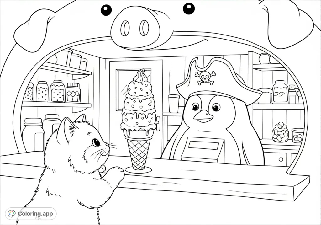 A delightful coloring page featuring a cat ordering stracciatella from a pirate penguin in a charming pig-shaped ice cream shop. Perfect for imaginative fun!