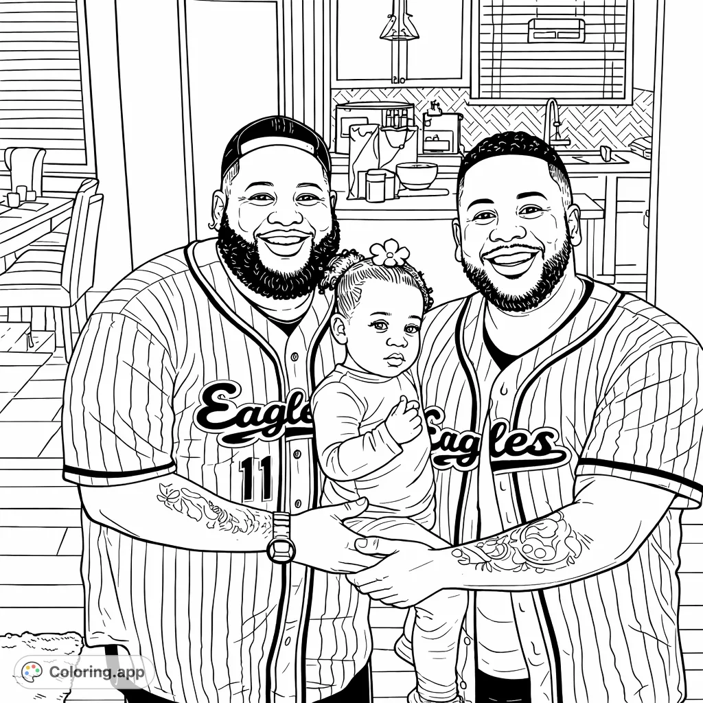 A heartwarming scene of two smiling adults with a young child, capturing a joyful family moment. Perfect for a personalized family coloring page.