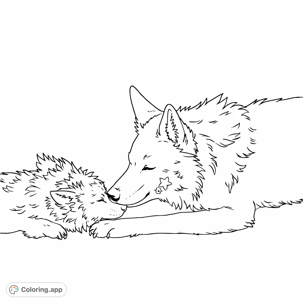 A gentle wolf-like creature rests with a small companion, inviting a moment of peace. Perfect for animal lovers to personalize with imaginative shades.