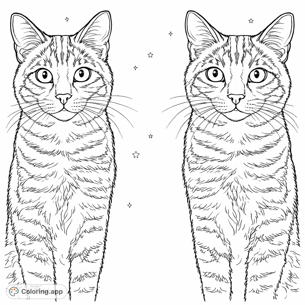 Explore symmetry with these two identical tabby cats against a cosmic backdrop. Perfect for fans of felines and celestial themes, offering detailed fur patterns to color.