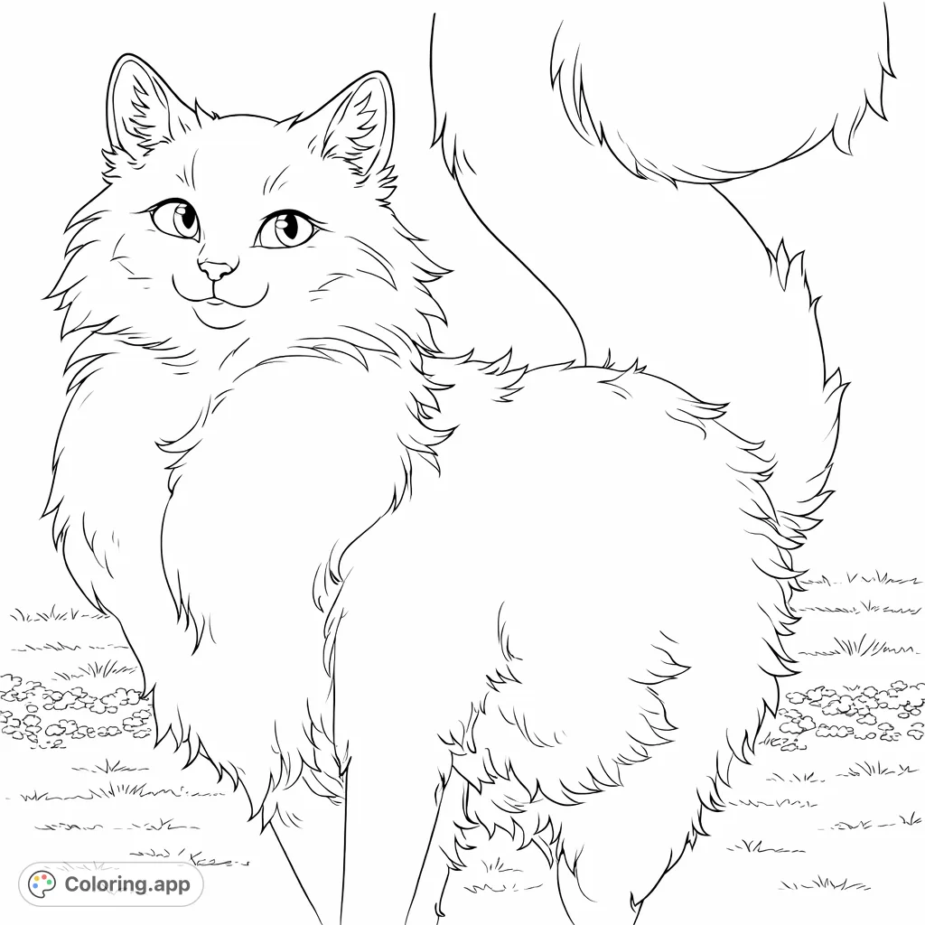 An adorable fluffy cat with a curious expression looks over its shoulder. Perfect for animal lovers to color and personalize with unique hues.