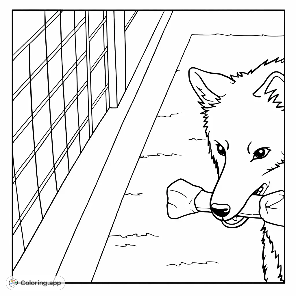 A charming dog peeks from behind a fence, proudly holding its prized bone. This delightful animal coloring page is perfect for pet lovers of all ages.
