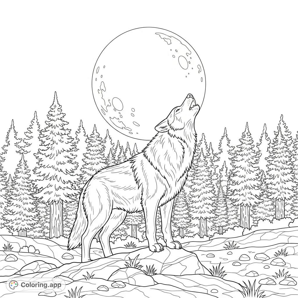 A majestic wolf howls under a radiant full moon in a serene forest, a captivating animal coloring page perfect for all ages.