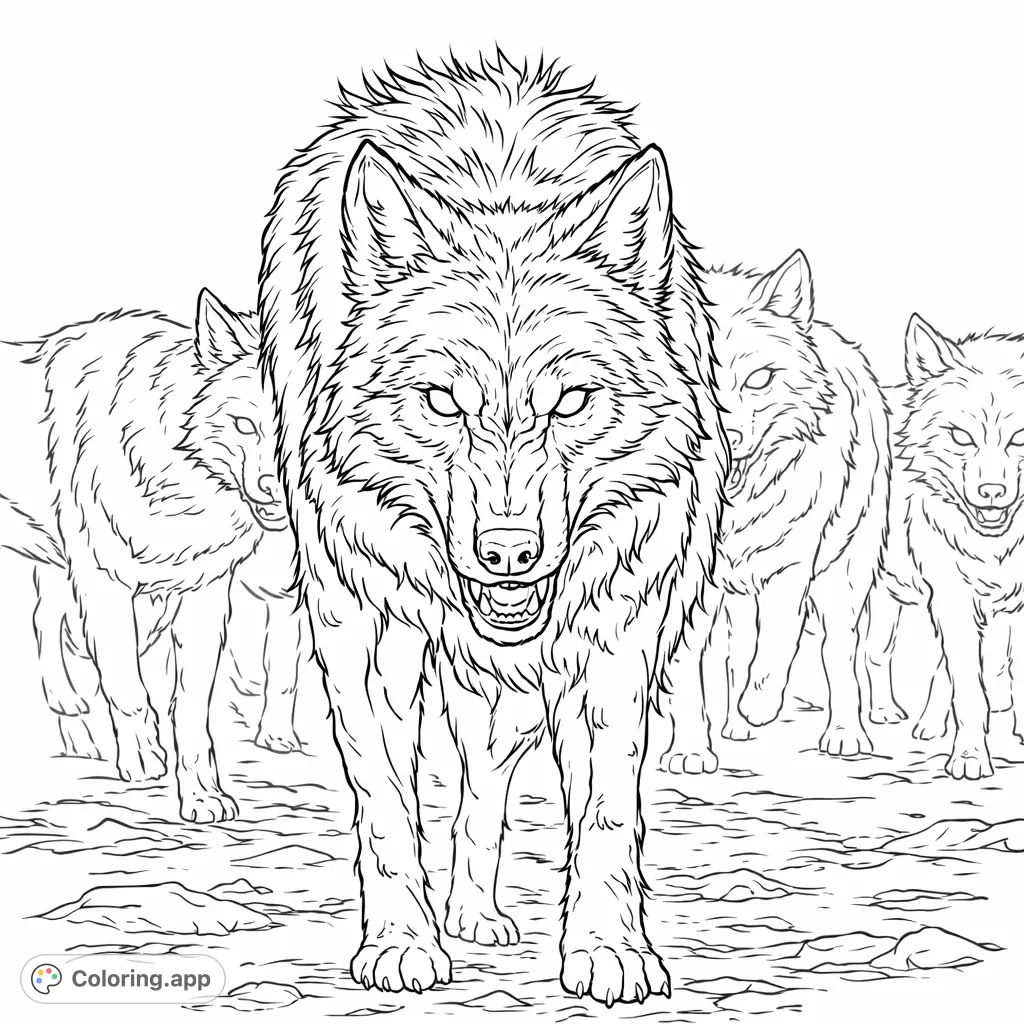 Capture the power of the wild with this wolf pack coloring page. A majestic wolf leads its shadowy pack through a mysterious forest, their eyes piercing.