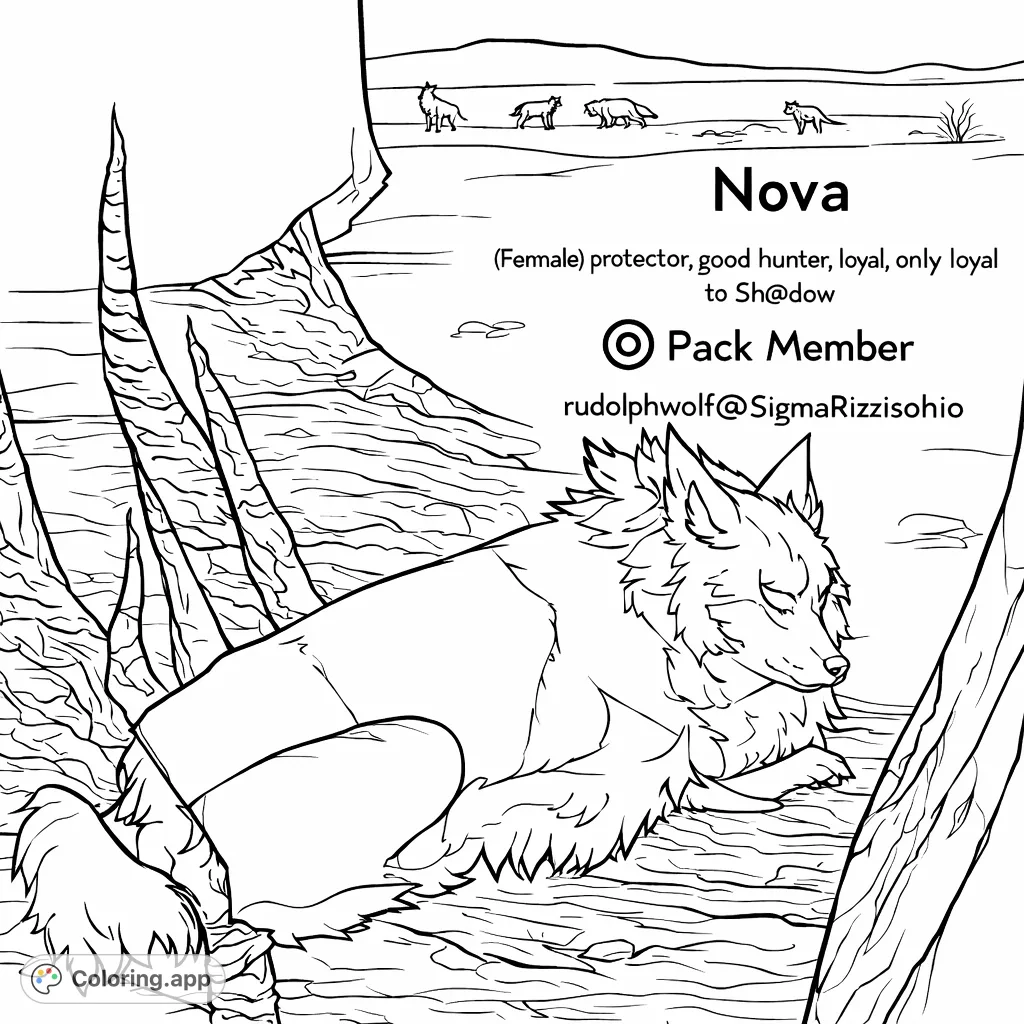 A serene wolf-like creature rests among textured tree trunks, with distant wilderness elements, perfect for animal and nature enthusiasts.