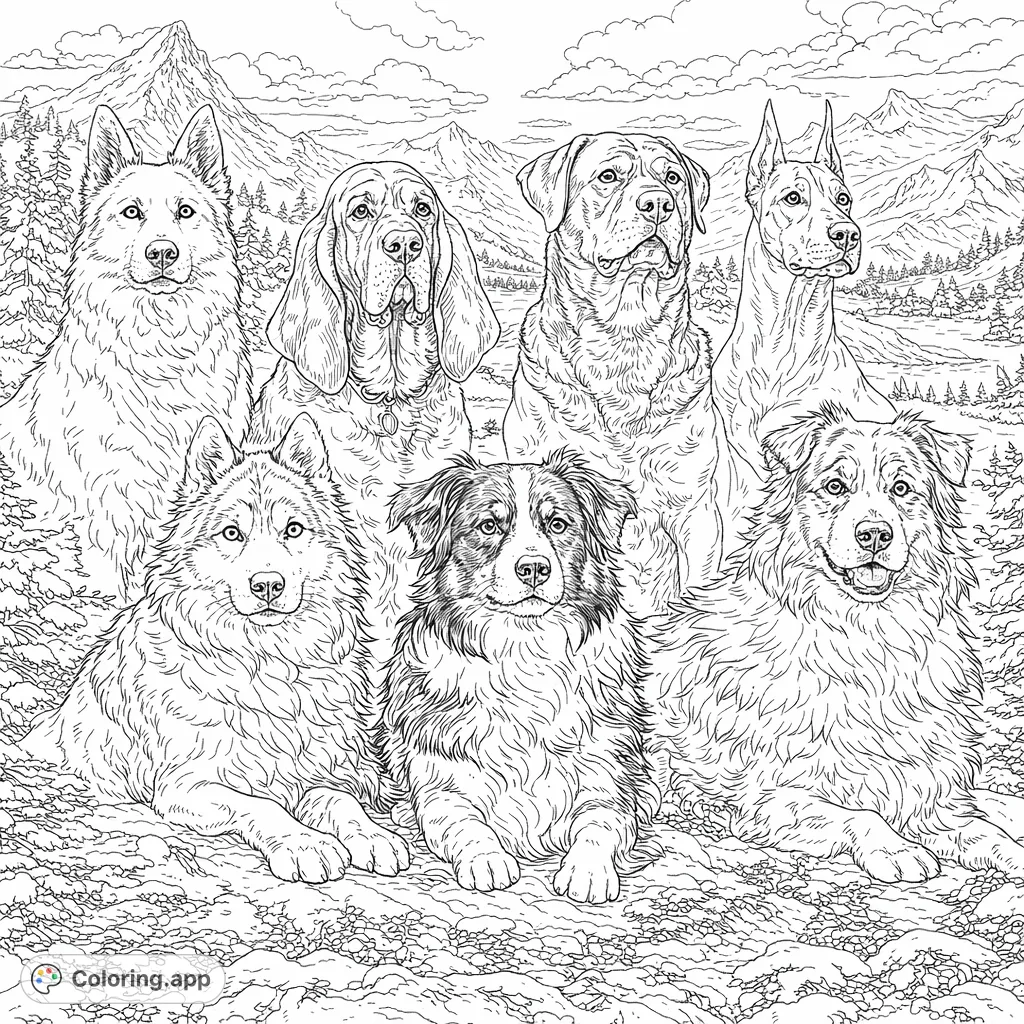Six Majestic Dogs in Winter Landscape - Coloring.app