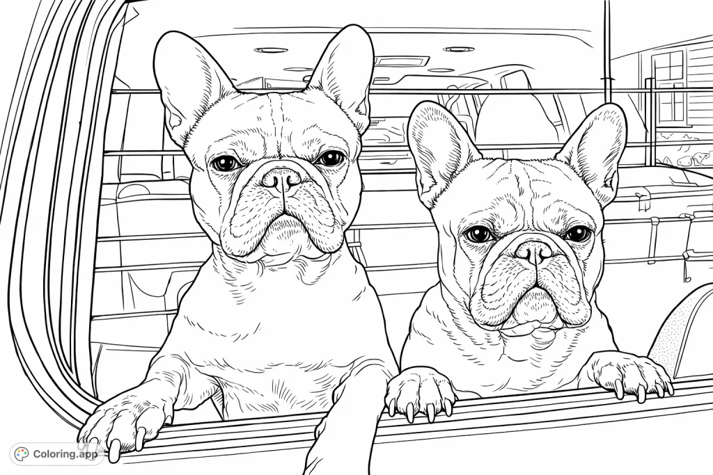 A delightful French Bulldogs coloring page featuring two charming canines peering out from a car's rear opening, ready for an adventure.