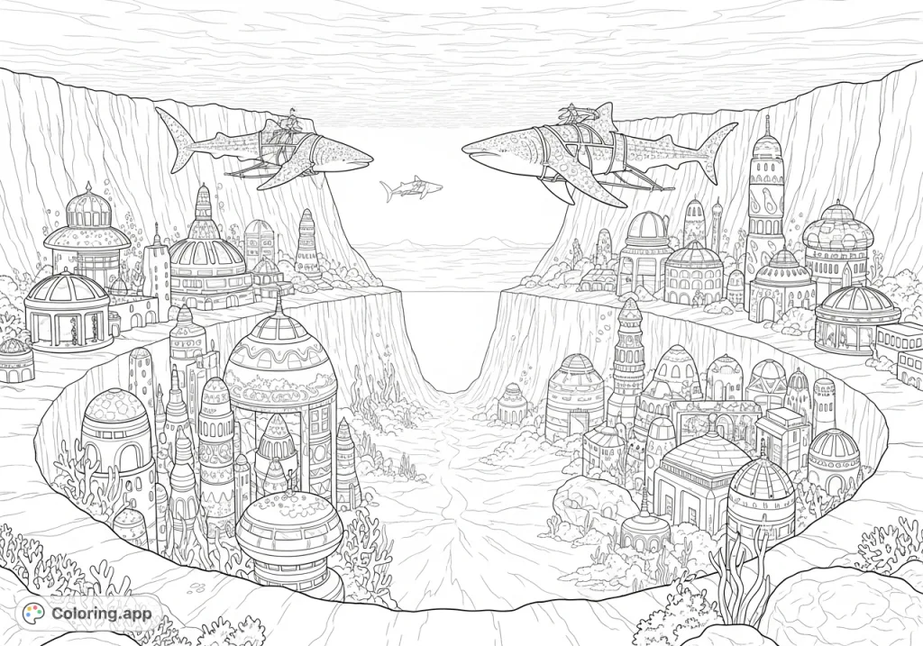 Dive into an Afrofuturistic coral city nestled within an underwater volcano, where whale sharks transport citizens through a vibrant, imaginative world.