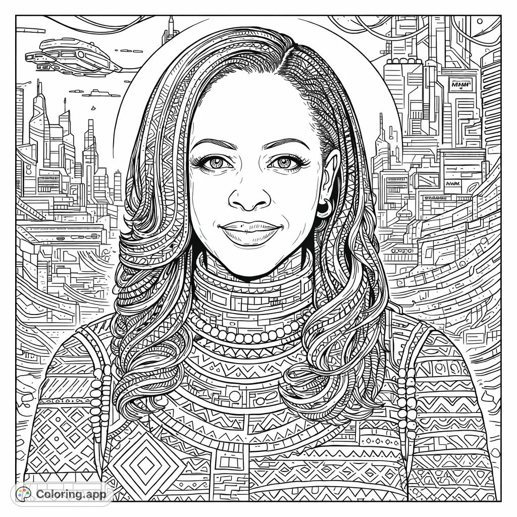 A stunning Afrofuturistic portrait, blending cyberpunk aesthetics with vibrant African patterns. A powerful and stylish figure in a futuristic cityscape.