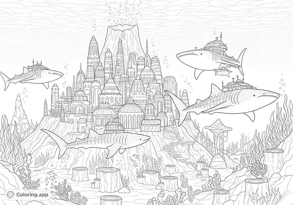 Explore a breathtaking Afrofuturistic city nestled inside an underwater volcano, featuring coral-shaped buildings and majestic whale sharks as graceful transportation.