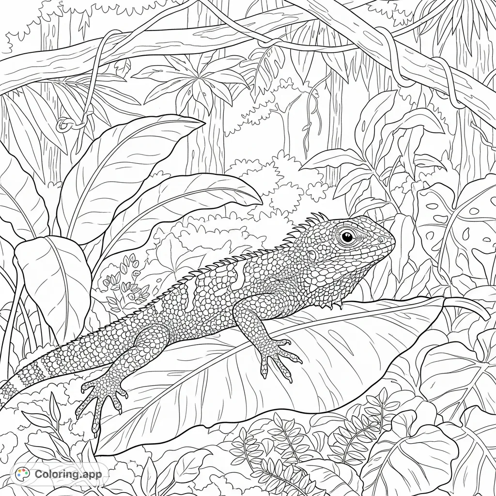 Discover a captivating jungle lizard basking on a leaf amidst lush plants. A beautiful nature coloring page, perfect for all ages.