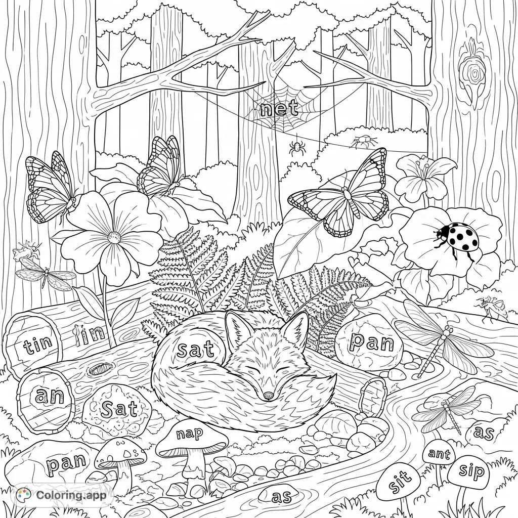 Discover a tranquil enchanted forest coloring page featuring a resting fox, hidden words, and abundant details like insects, flowers, and a stream.