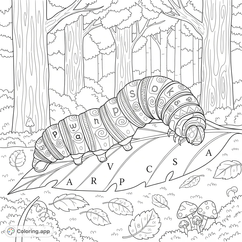 Explore a whimsical forest scene with a patterned caterpillar, discovering hidden words among leaves and trees. A fun and engaging coloring page.