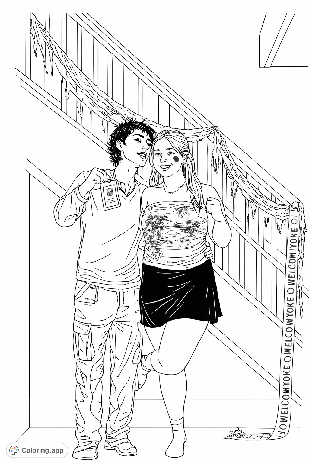 Two friends in detailed Halloween costumes, posing playfully on a spooky, decorated staircase, perfect for adult coloring page enthusiasts.