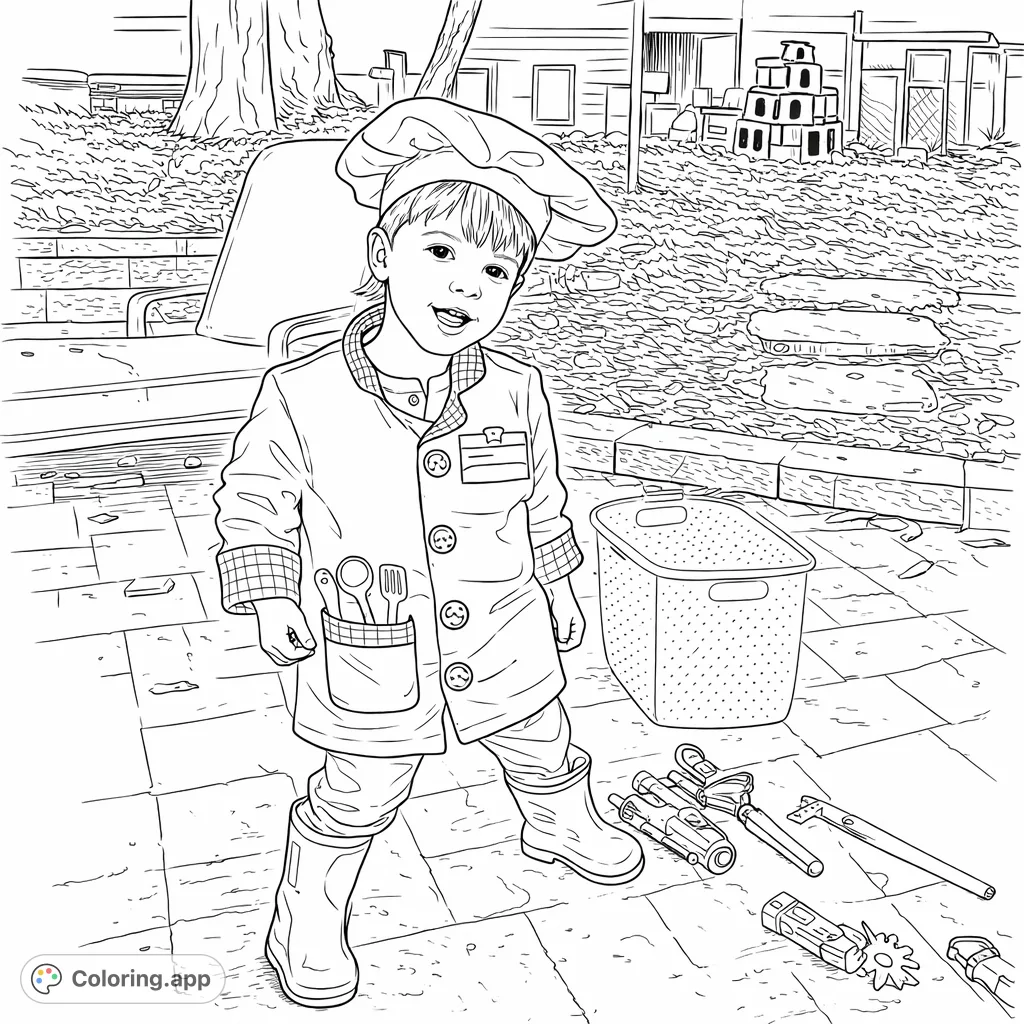 A cheerful child in a chef's hat and jacket, ready for culinary adventures on the patio, surrounded by playful toys and an inviting outdoor scene.
