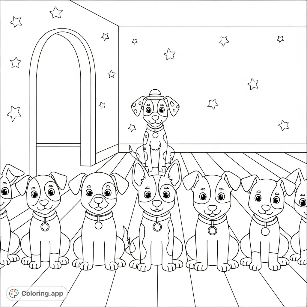 A delightful cartoon puppy coloring page featuring six adorable puppies with distinct features in a charming indoor setting with an archway and star patterns.