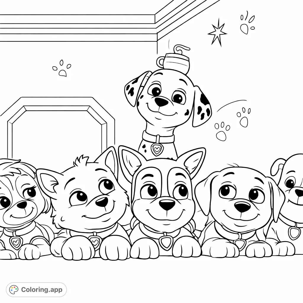 Join a lively squad of adorable cartoon puppies ready for adventure! This fun coloring page features diverse characters in an engaging scene, perfect for young artists.
