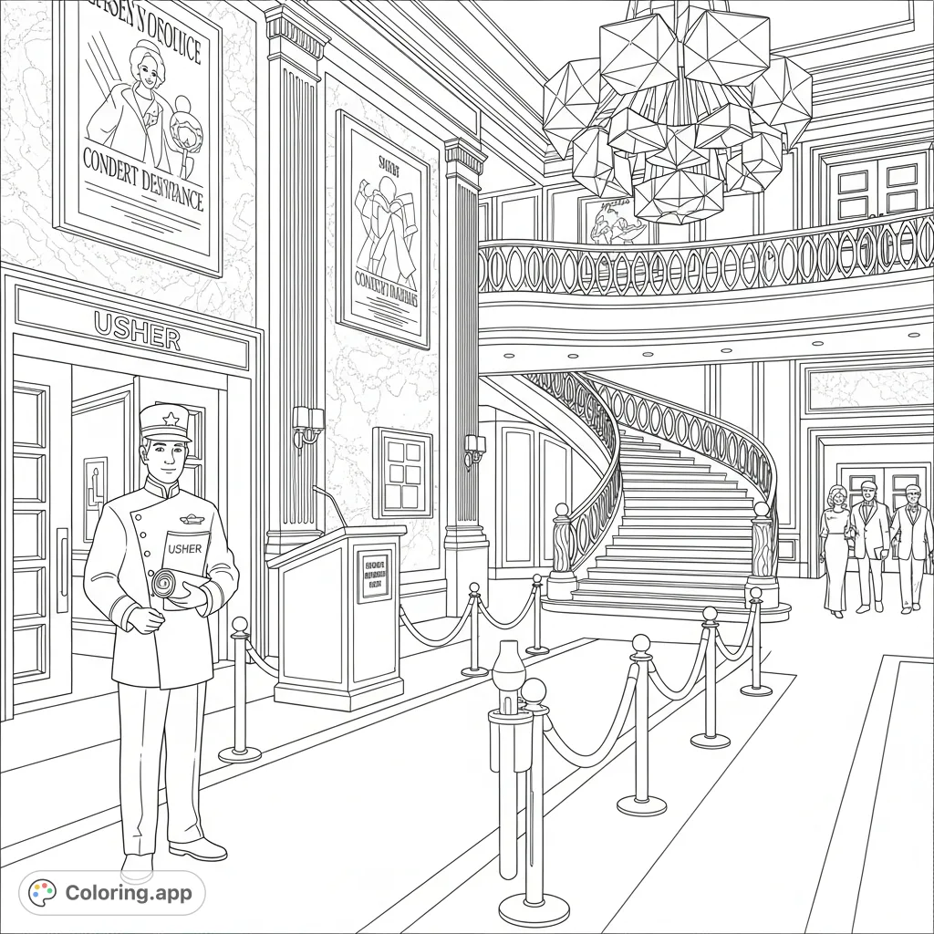 An elegant concert hall scene featuring an attentive usher, ornate architecture, and sophisticated details. Perfect for adult coloring page enthusiasts.