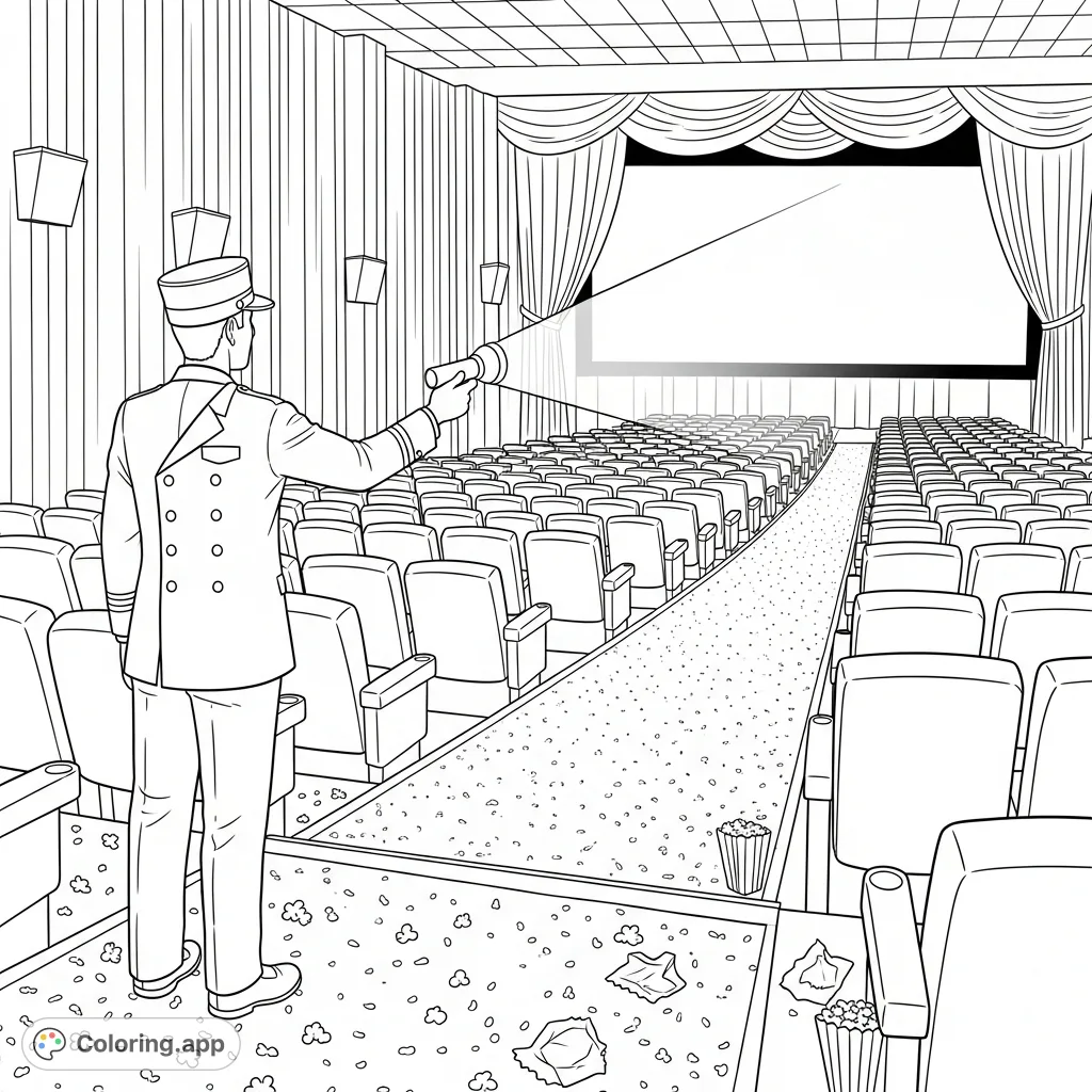 Step into a classic cinema with an usher guiding the way. This movie theater coloring page features detailed seats, plush curtains, and scattered snacks.