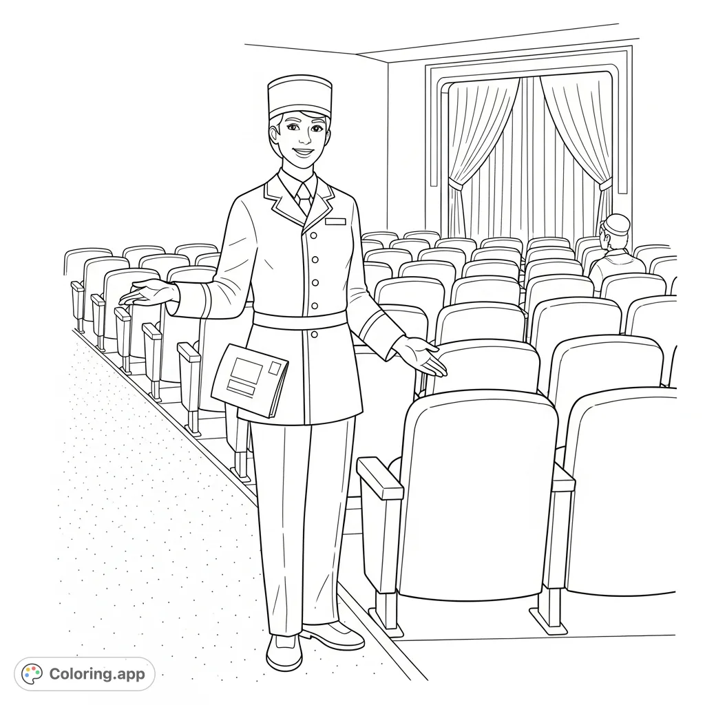 Explore the usher's role in a theater, guiding patrons to seats and handing out programs. A great free printable career coloring page.
