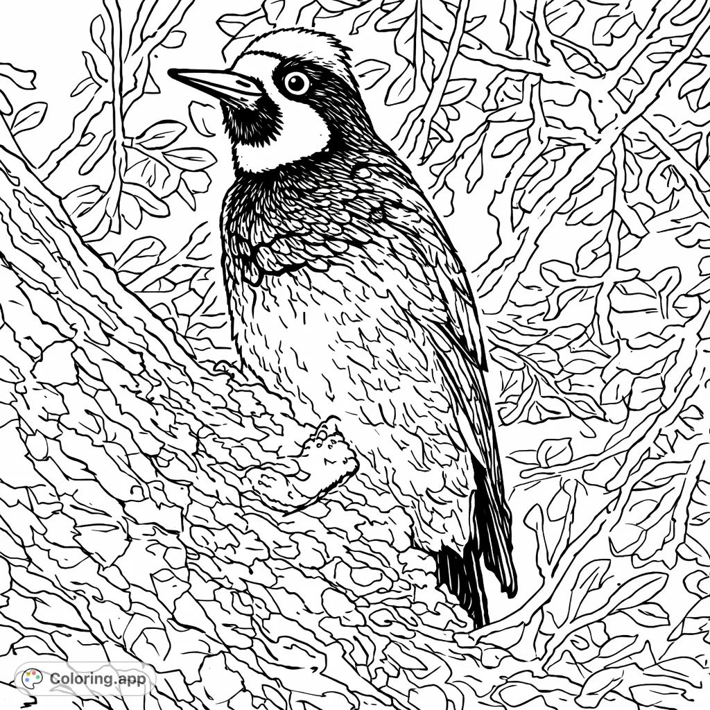 A charming woodpecker with unique facial markings and patterned feathers, perched on a textured tree branch amidst leafy foliage. Ideal for nature lovers.