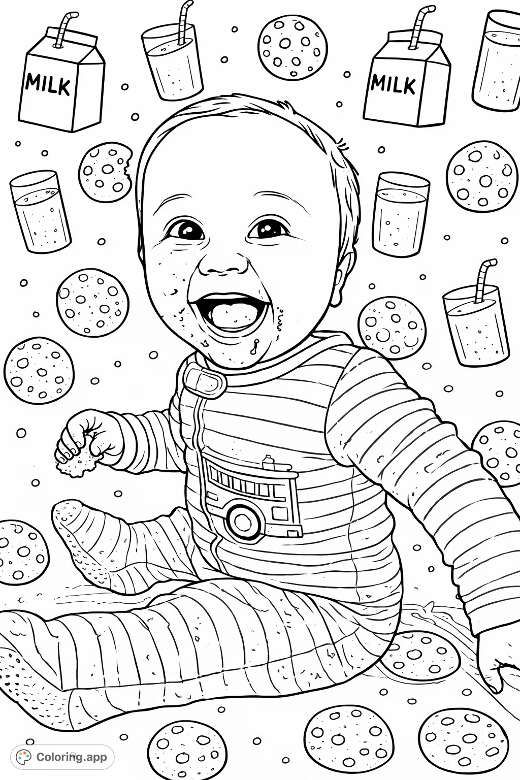 A delightful baby with a joyful, food-smeared face, wearing striped pajamas with a fire truck applique, ready for a fun coloring adventure.