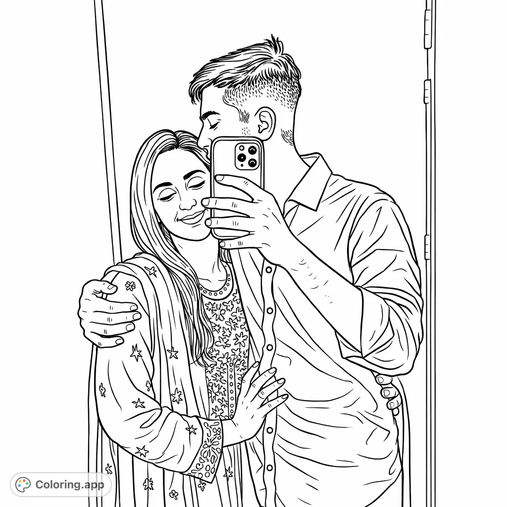 Capture a tender moment: a couple embracing, reflected in a mirror. Features intricate attire and a loving forehead kiss, perfect for personalizing.