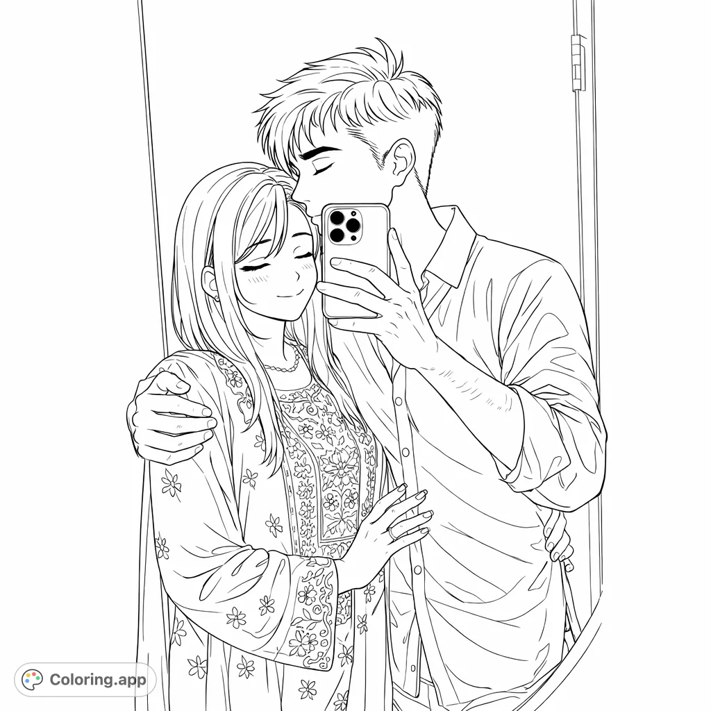 An intimate portrait of a couple sharing a tender moment, captured in a mirror selfie. Features intricate patterns on traditional attire for detailed coloring.