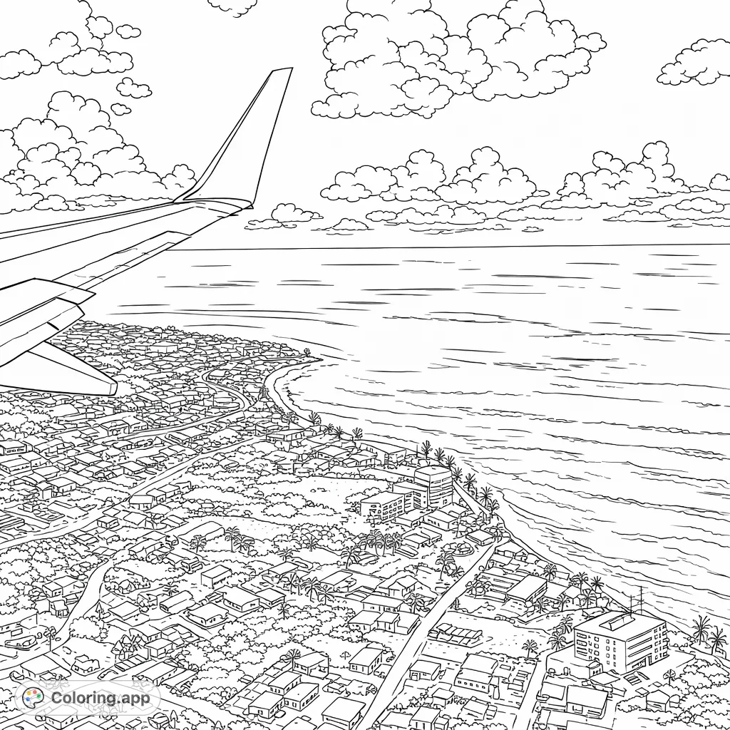 Soar above a charming coastal town, an airplane wing hinting at adventure. This detailed aerial view blends urban structures with vast ocean and cloud-filled skies.