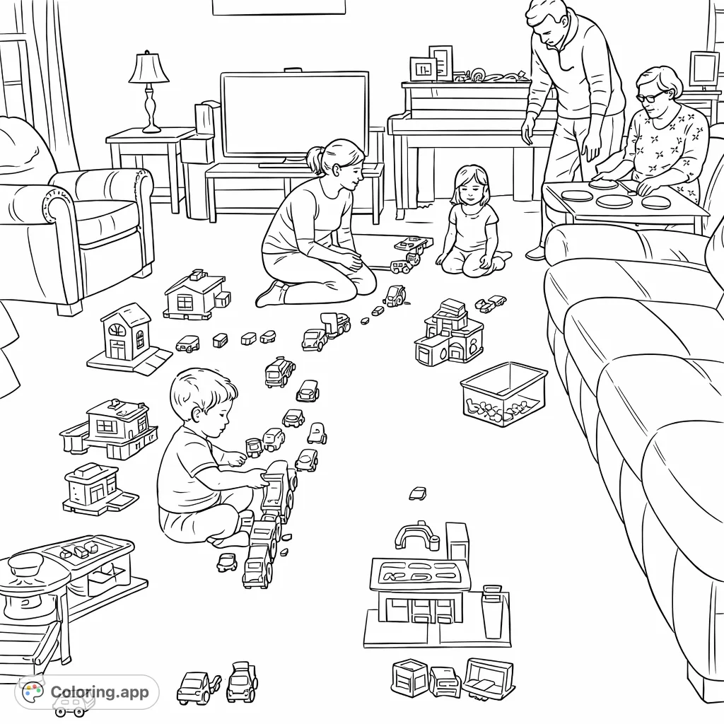 A lively family scene featuring a child playing with toy cars and building sets on a large floor, while adults and another child interact in the background.