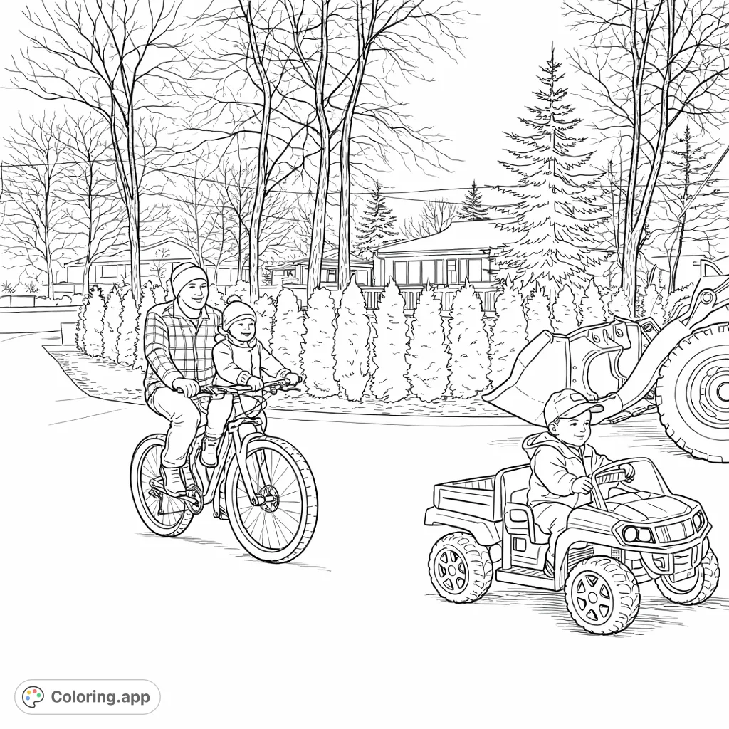 Capture the joy of outdoor adventures with this family playtime coloring page, featuring a bicycle ride and a toy vehicle, perfect for all ages.