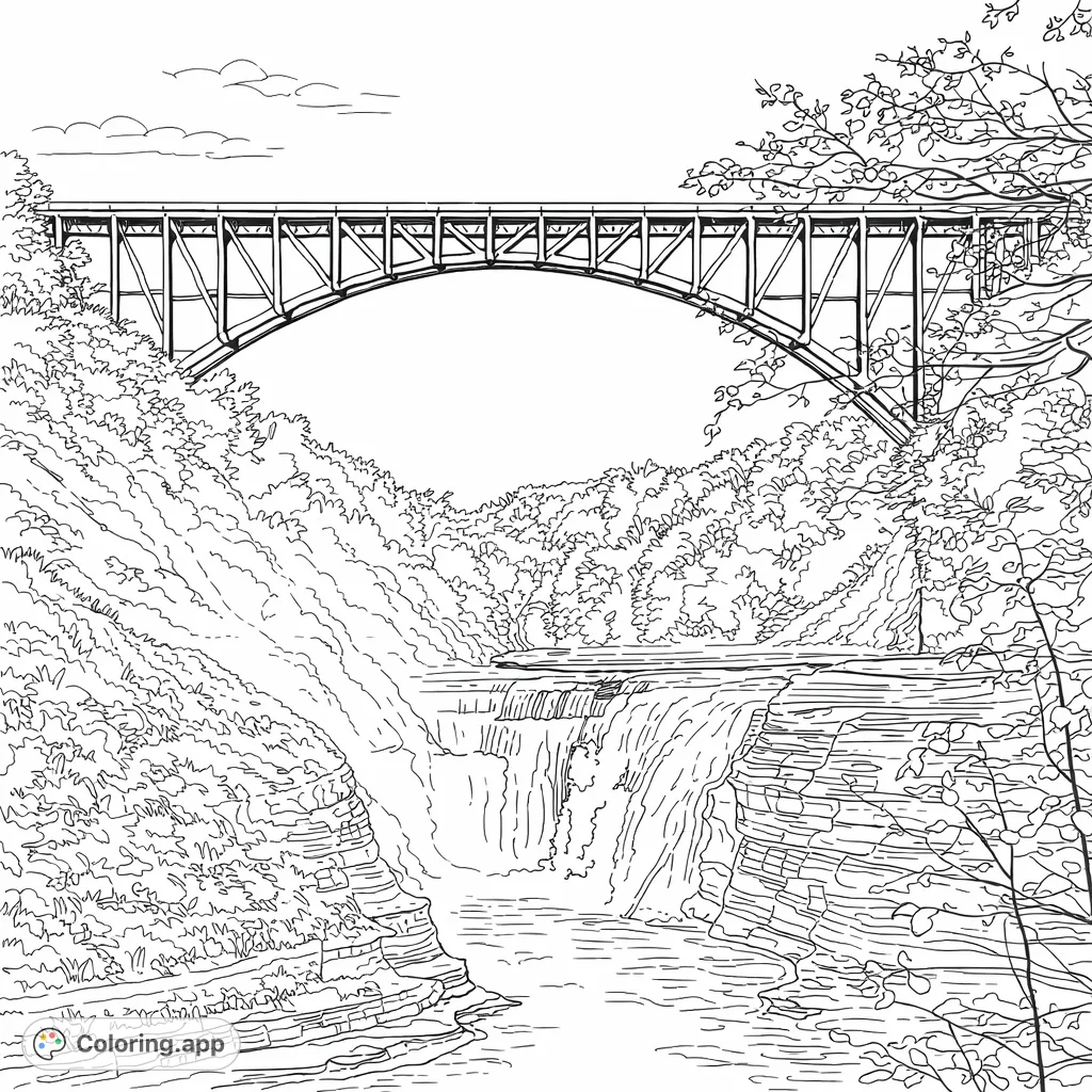 Discover a majestic bridge arching over a powerful waterfall, framed by vibrant autumn foliage. A challenging and rewarding nature scene.