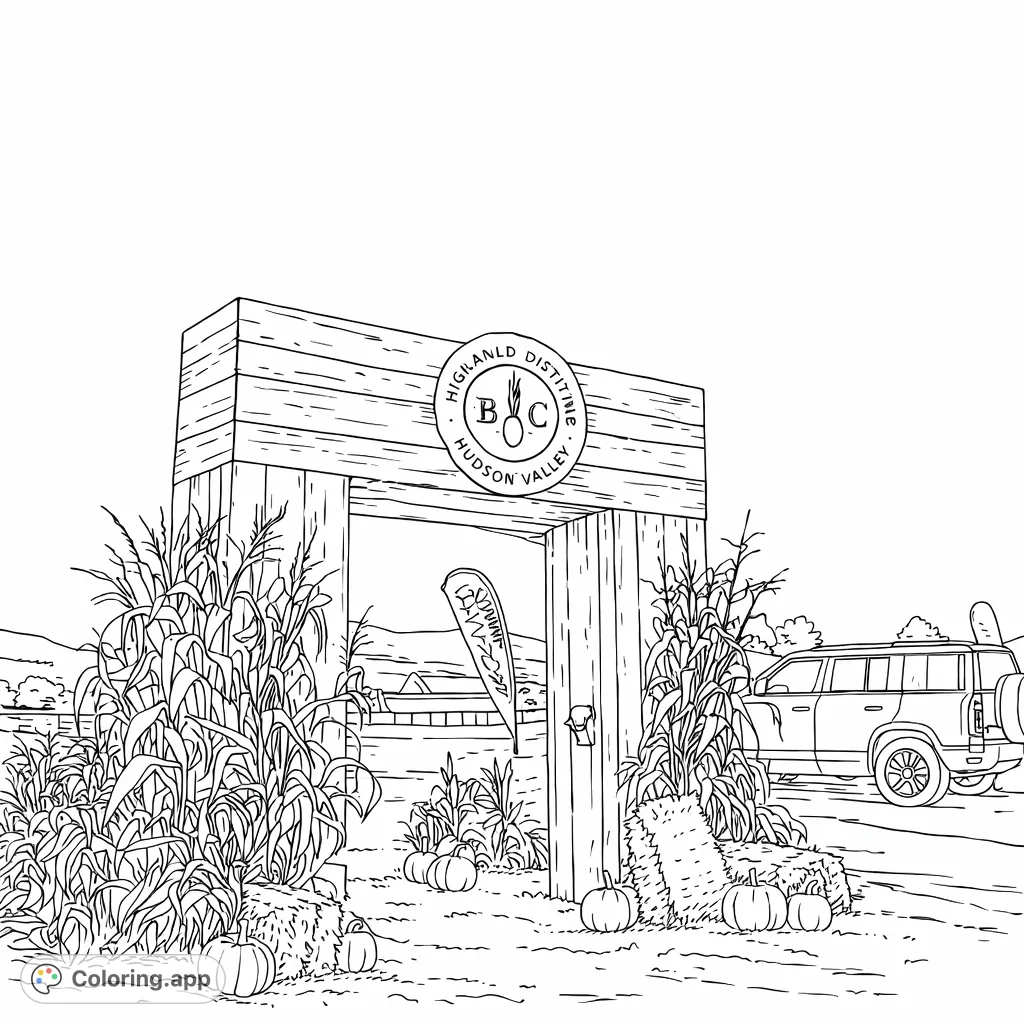 A detailed coloring page featuring a rustic wooden archway, seasonal autumn decor, and a robust vehicle, set against a cloudy landscape.