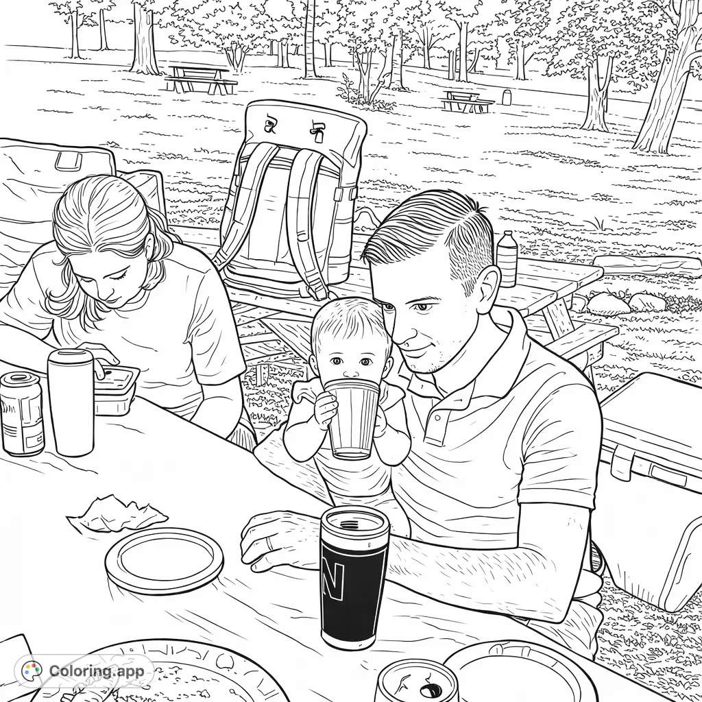 Capture a heartwarming family picnic scene in a park. This coloring page features a man holding a baby, a woman at the table, and delightful outdoor elements.