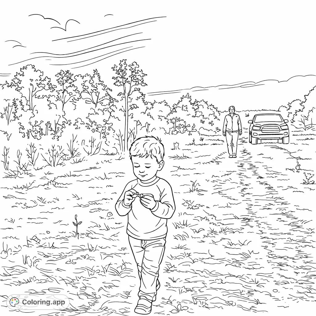 A charming outdoor scene featuring a child examining a treasure on a grassy path, with an adult and truck in the background under a cloudy sky.