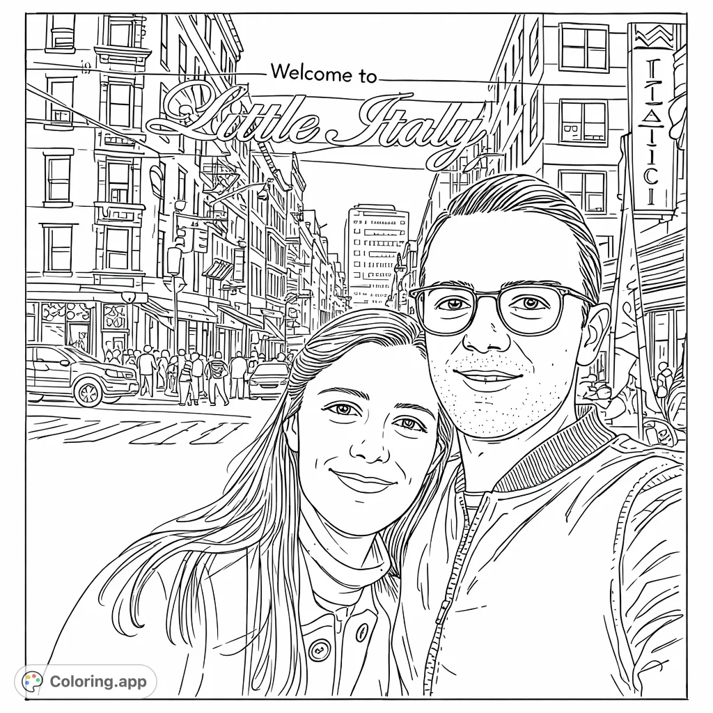 Color a lively city street scene featuring a smiling couple under the iconic Little Italy archway, surrounded by detailed architecture and bustling urban life.