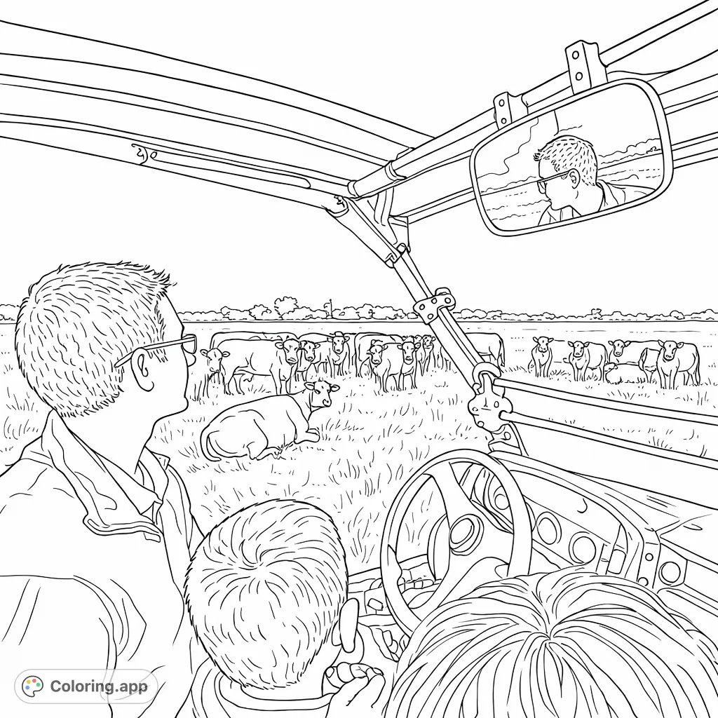 Experience a farm adventure from a utility vehicle, observing a large herd of cattle grazing in a vast field under an open sky. Perfect for farm animal fans!