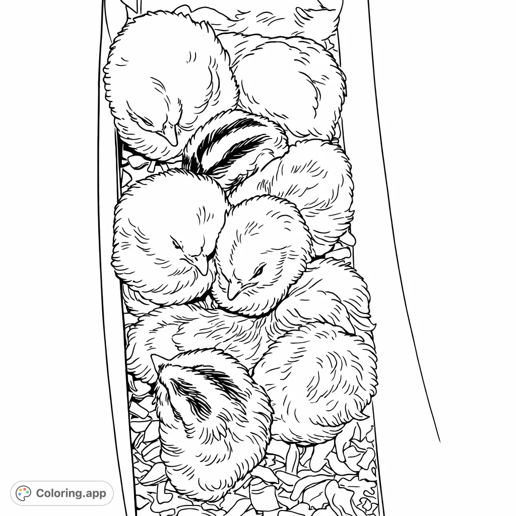 Discover a heartwarming group of fluffy chicks nestled in a box, ready for your creative touch. A charming scene for all ages to color.
