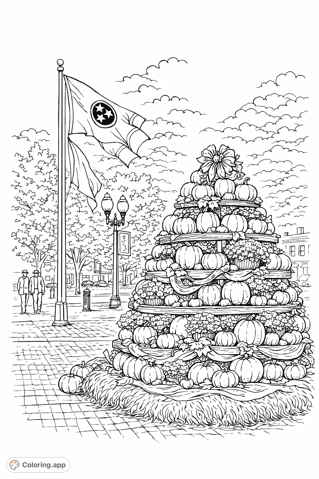 Celebrate the season with this intricate town square harvest display coloring page, featuring gourds, flags, and an autumnal village scene.