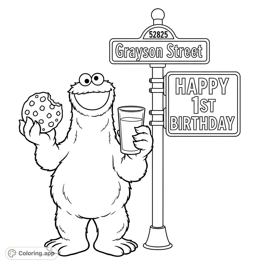 A delightful Cookie Monster holds a cookie and milk, flanked by a street sign and a "HAPPY 1ST BIRTHDAY" message, perfect for a festive coloring page.