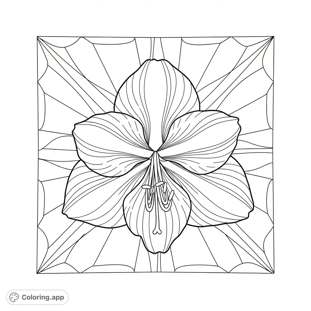 A serene amaryllis radial mandala filling the page with bold, large petals and ample open spaces, designed for a calming and meditative coloring experience.