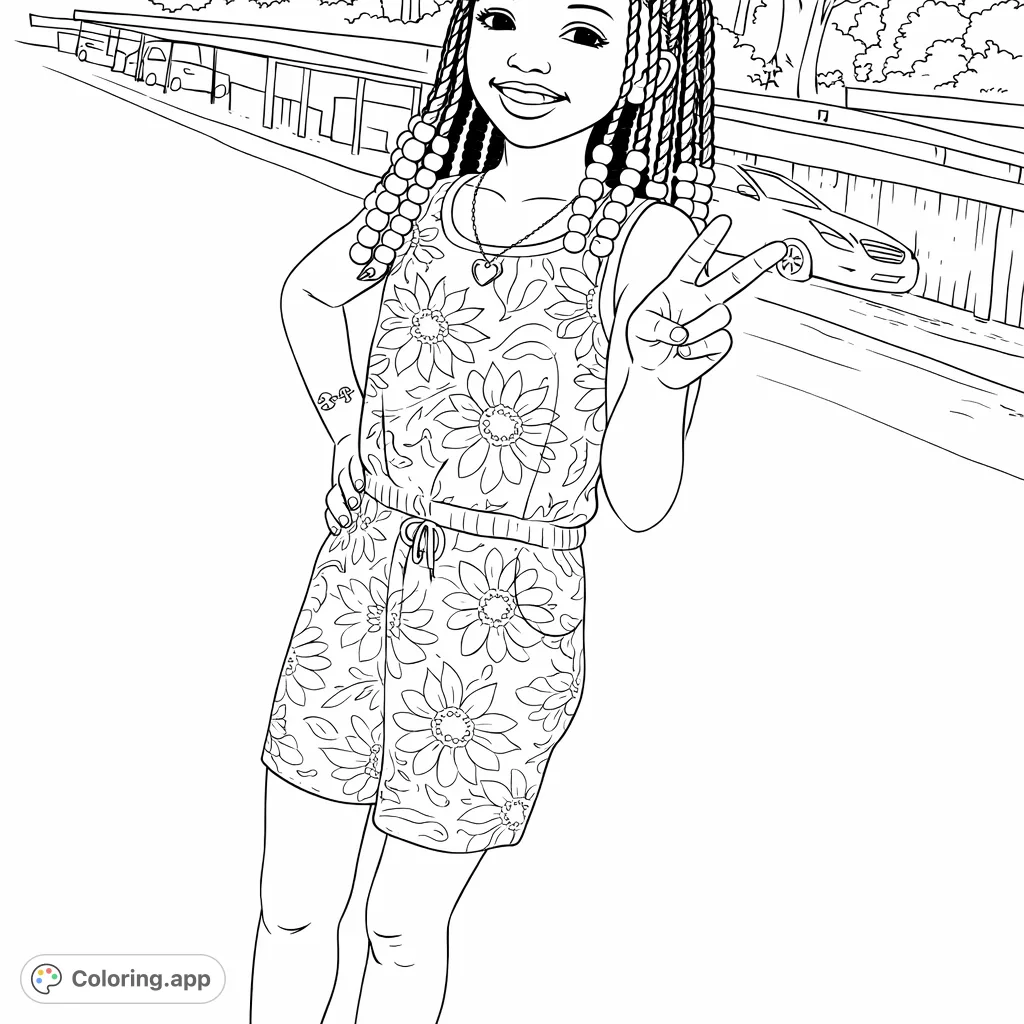 A delightful coloring page featuring a smiling young girl in a floral romper, flashing a peace sign. Perfect for creative expression!