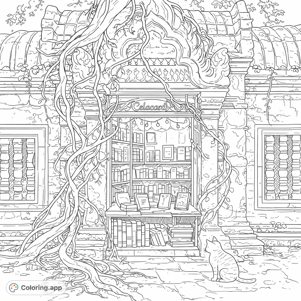 A charming scene of a striped cat gazing at a cozy bookshop window, nestled in an ancient vine-covered stone building with intricate architectural details.