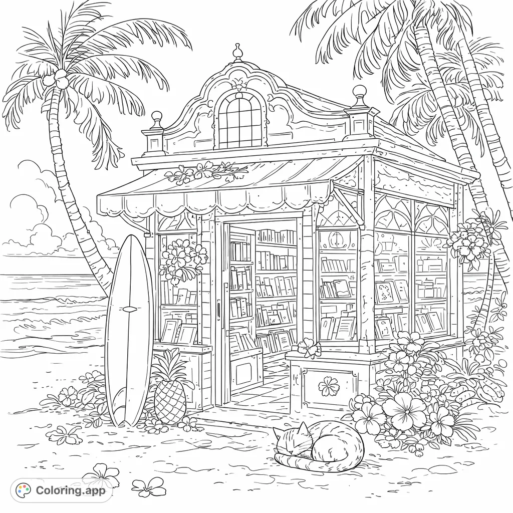 Discover a cozy beachfront bookstore with a sleeping cat, surfboard, and tropical flora under palm trees. A detailed scene for a relaxing coloring escape.