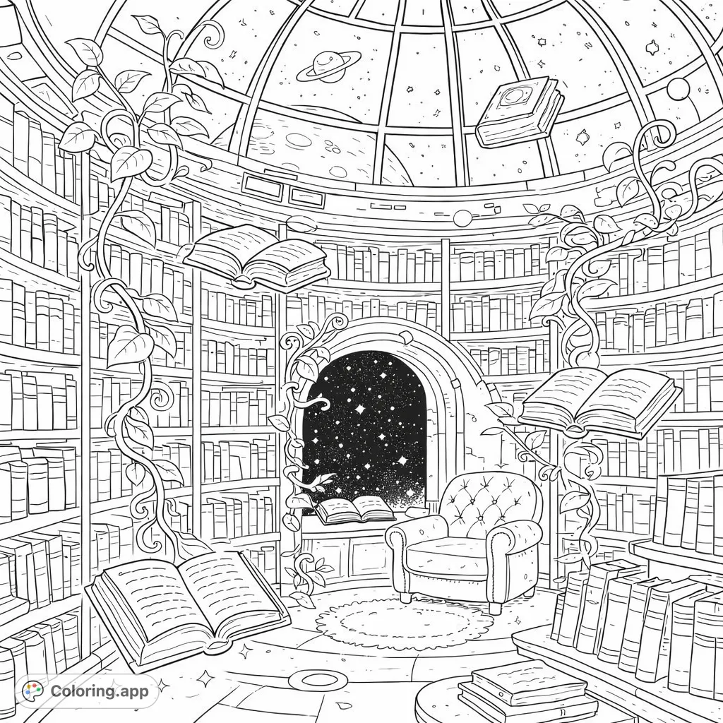 Explore a magical celestial library filled with glowing books, star-gazing windows, and winding vines. A whimsical fantasy scene for creative coloring.